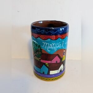 Mug Hand Painted Clay Colorful Mug with Pink Handle Village People Manuel